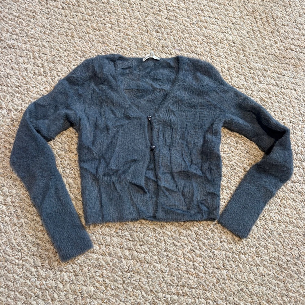 Abercrombie & Fitch Fuzzy Cardigan Sweater Charcoal Gray V‎ Neck Button Front XS